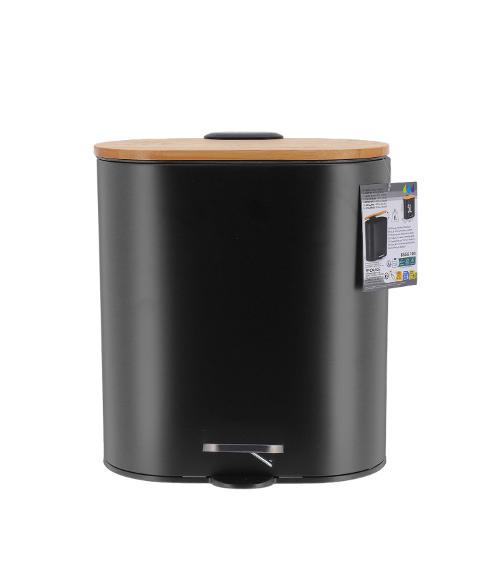 Papelera Ovalada (Negro) Tapa Bambú, 5Ltrs De Metal
