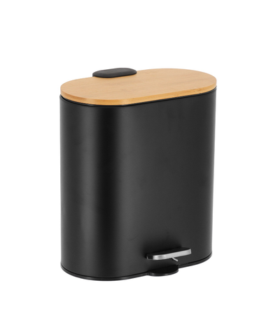 Papelera Ovalada (Negro) Tapa Bambú, 5Ltrs De Metal