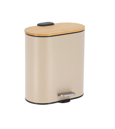 Papelera Ovalada (Beige) Tapa Bambú, 5Ltrs De Metal