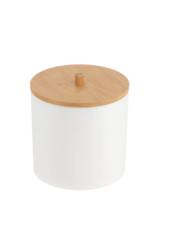 Caja Porta Hisopos/Algodones Con Tapa Bambú (Blanco) De Plástico