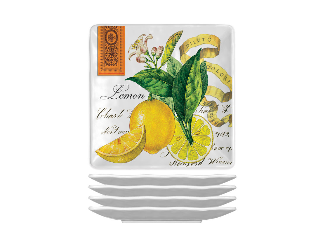 Set De 4 Platos Cuadrados "Lemon Basil" De Melamina