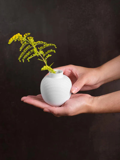 Florero Redondo (Blanco) Estriado De Cerámica