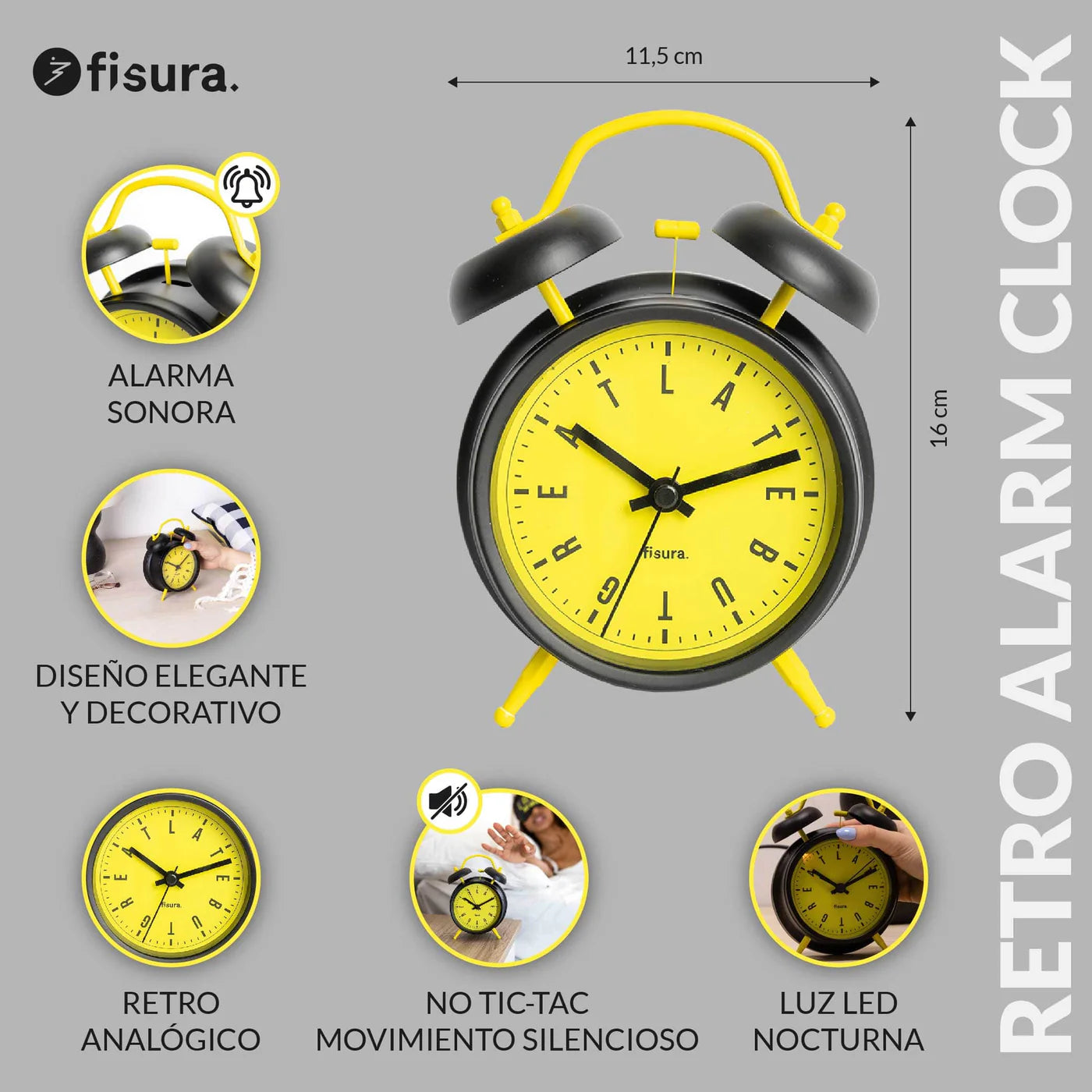 Reloj Despertador Retro (Amarillo Y Negro) De Metal