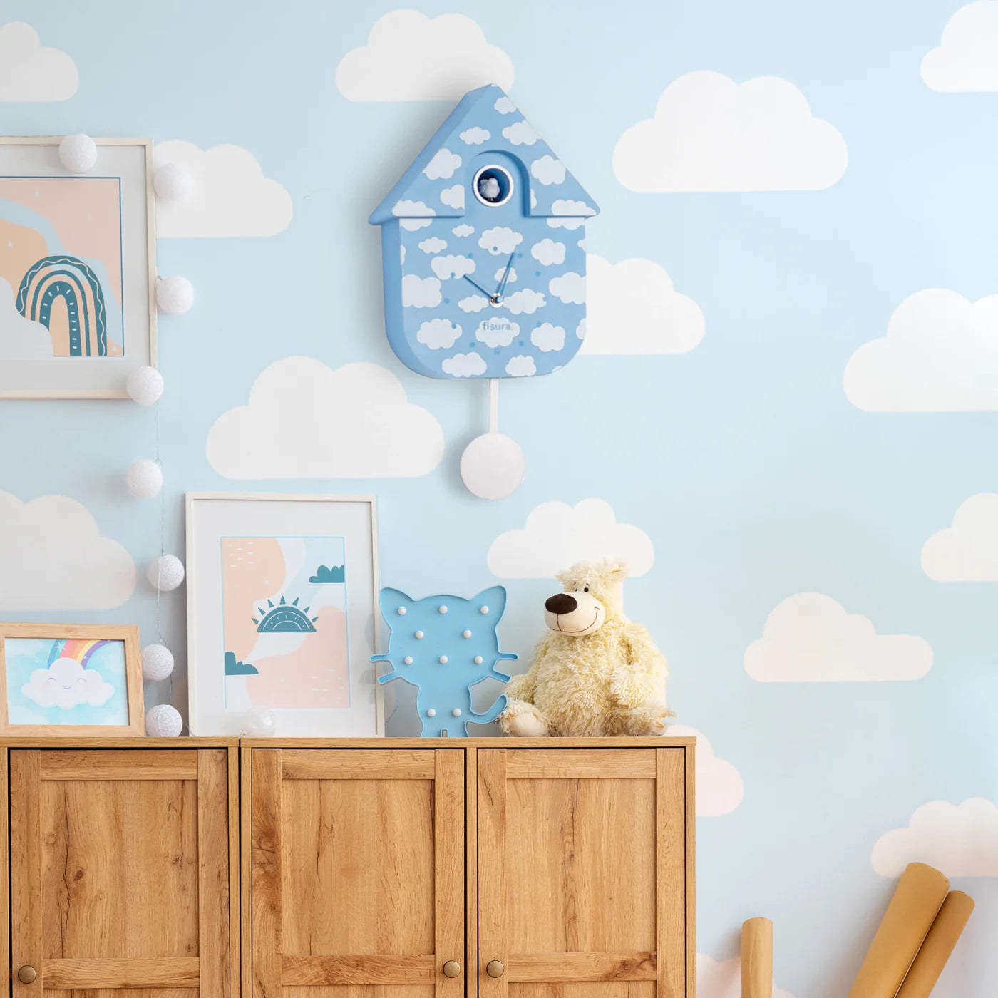 Reloj Decorativo (Celeste) Casita Diseño Nubes De Plástico
