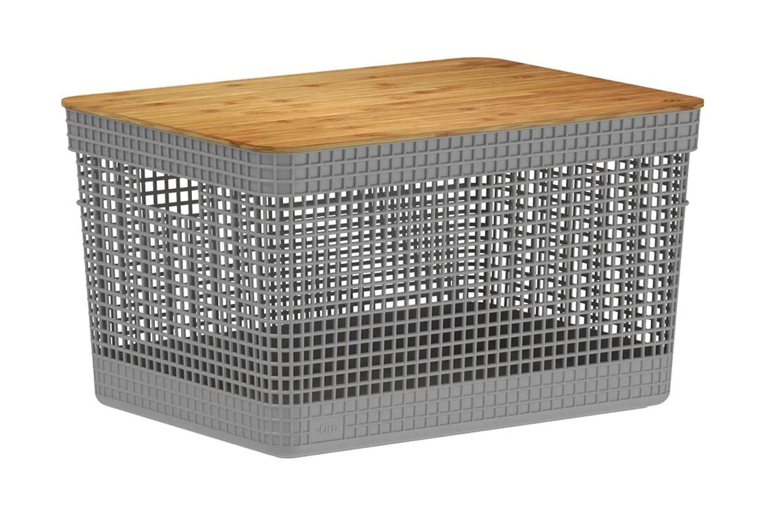 Cesta Organizadora Rectangular Con Tapa Natural 20 Ltrs (Gris) De Plástico