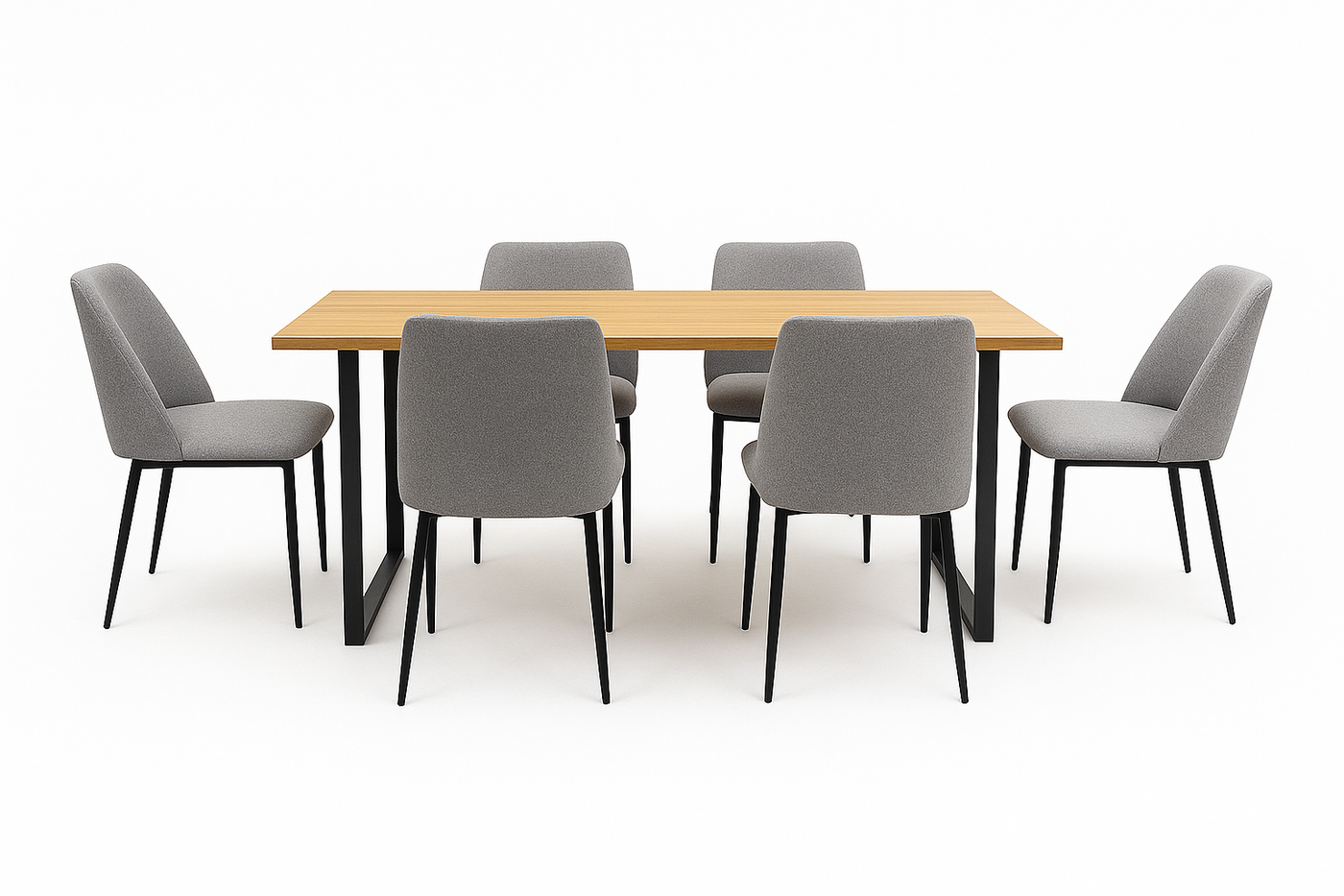 6 Sillas De Comedor Tapizado (Gris Oscuro) Estructura De Metal + Mesa De Comedor (Natural) Tablero Mdf Y Melamina Estructura De Madera