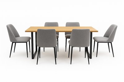 6 Sillas De Comedor Tapizado (Gris Oscuro) Estructura De Metal + Mesa De Comedor (Natural) Tablero Mdf Y Melamina Estructura De Madera