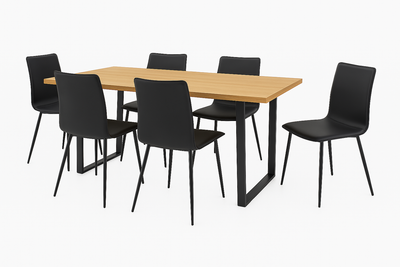 6 Sillas De Comedor Tapiz (Negro) Estructura De Metal + Mesa De Comedor (Natural) Tablero Mdf Y Melamina Estructura De Madera