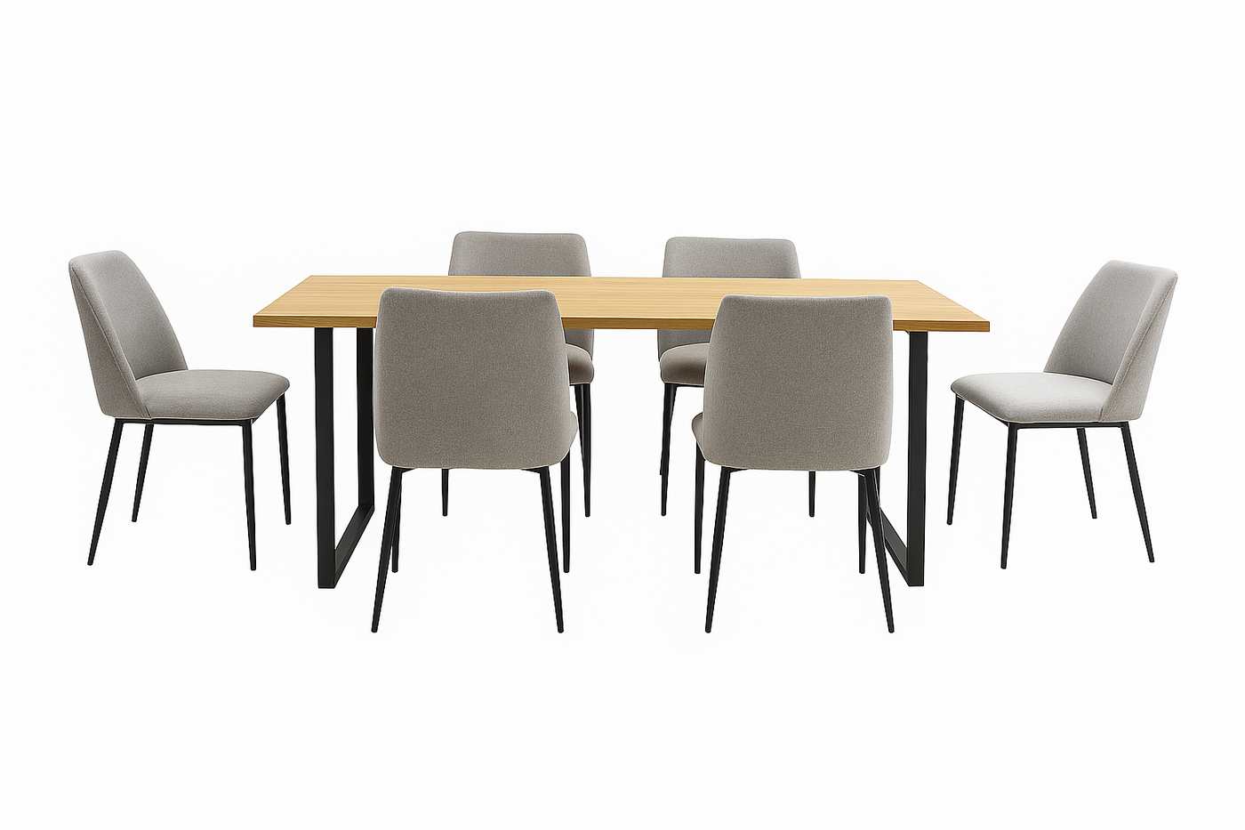 6 Sillas De Comedor Tapizado (Gris Claro) Estructura De Metal + Mesa De Comedor (Natural) Tablero Mdf Y Melamina Estructura De Madera