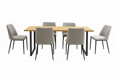 6 Sillas De Comedor Tapizado (Gris Claro) Estructura De Metal + Mesa De Comedor (Natural) Tablero Mdf Y Melamina Estructura De Madera