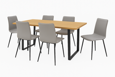 6 Sillas De Comedor Tapiz (Gris) Estructura De Metal + Mesa De Comedor (Natural) Tablero Mdf Y Melamina Estructura De Madera