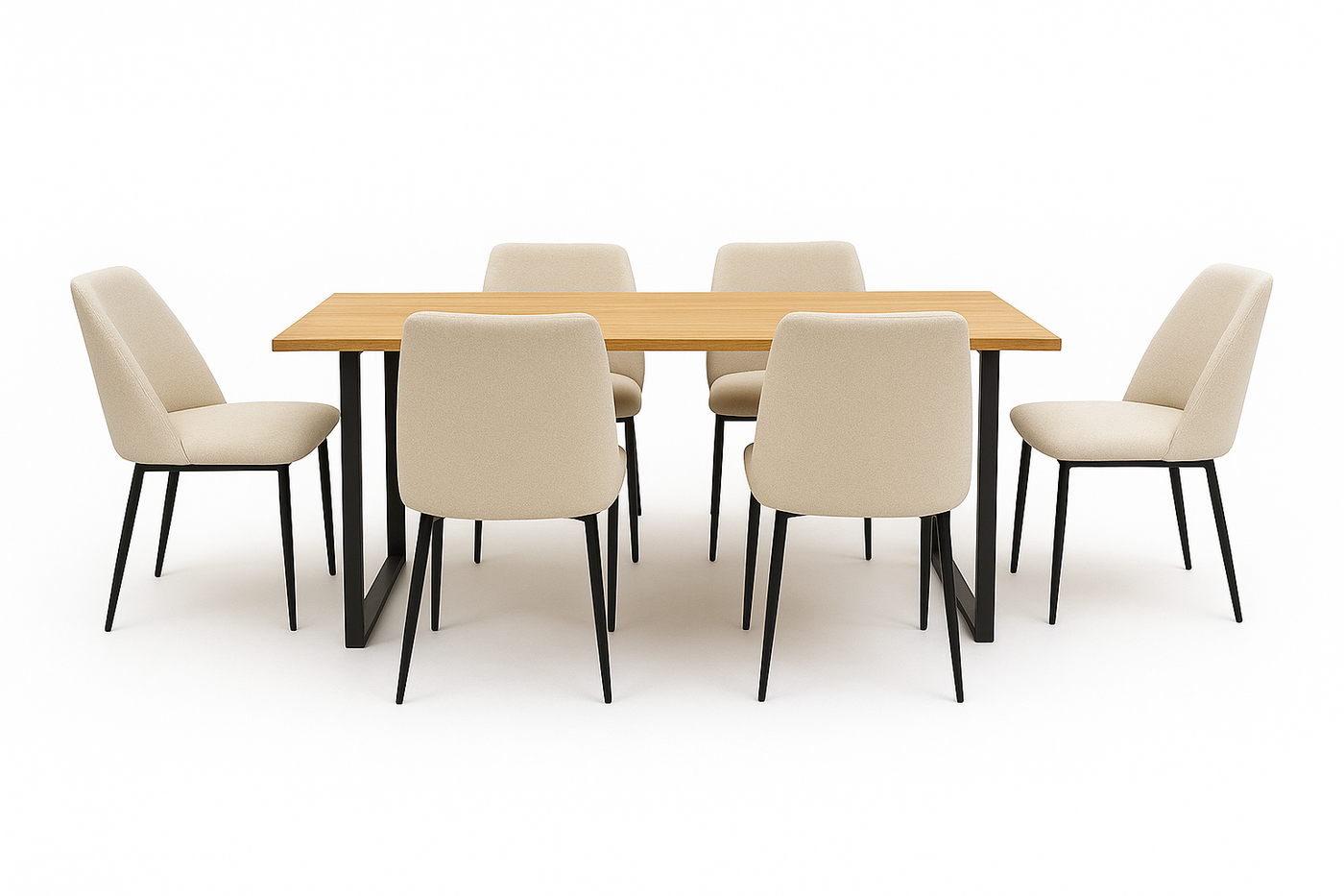6 Sillas De Comedor Tapizado (Crema) Estructura De Metal + Mesa De Comedor (Natural) Tablero Mdf Y Melamina Estructura De Madera