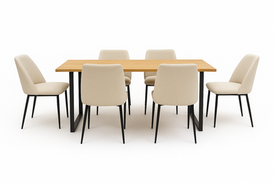 6 Sillas De Comedor Tapizado (Crema) Estructura De Metal + Mesa De Comedor (Natural) Tablero Mdf Y Melamina Estructura De Madera