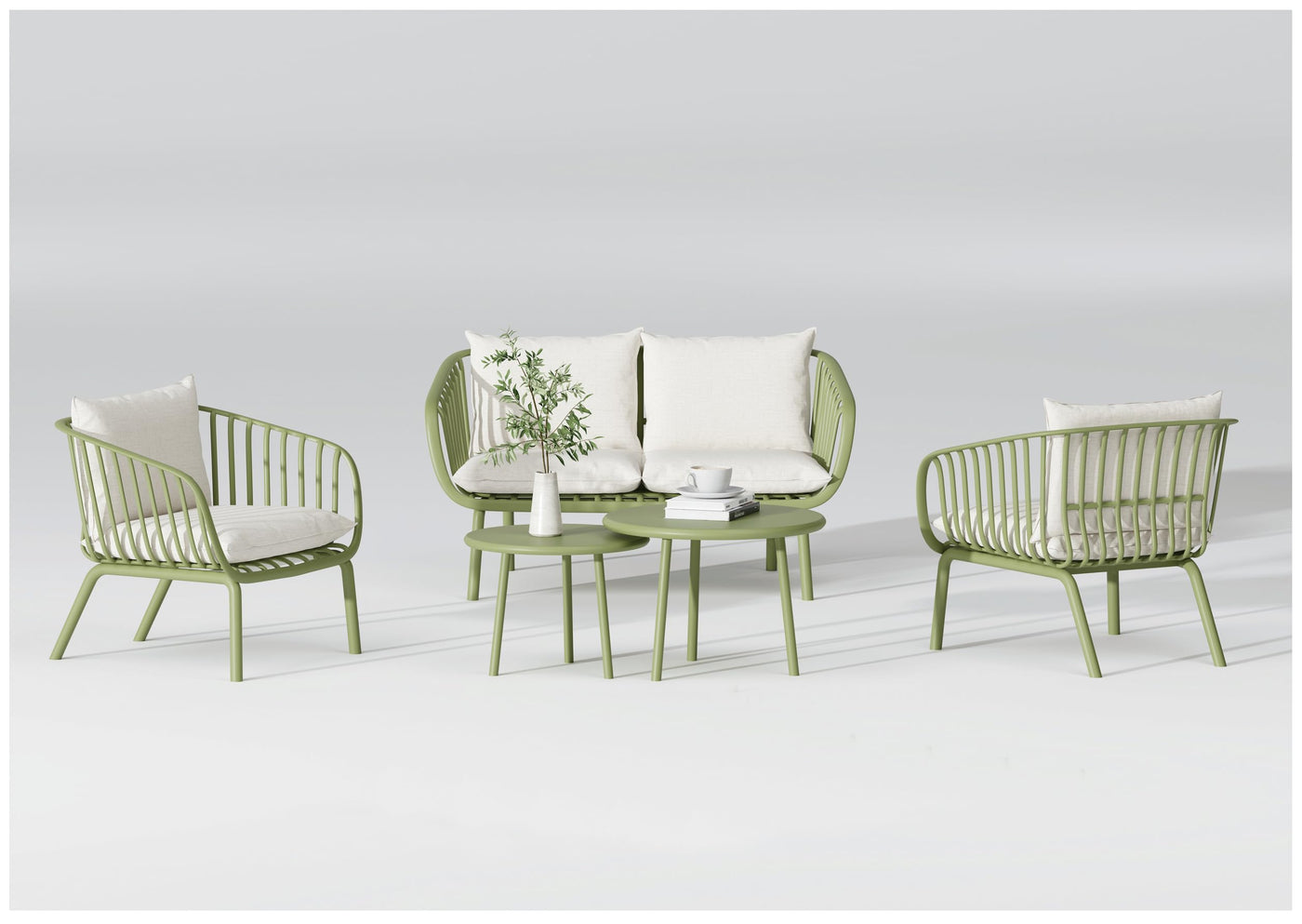 Juego De Terraza (Beige Y Verde): Sofá 2 Cps + 2 Sillones + Mesa De Centro Con Estructura De Metal