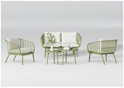 Juego De Terraza (Beige Y Verde): Sofá 2 Cps + 2 Sillones + Mesa De Centro Con Estructura De Metal