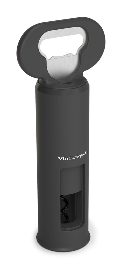 Sacacorchos Manual (Negro) + Abrelatas Y Destapador De Botellas De Metal