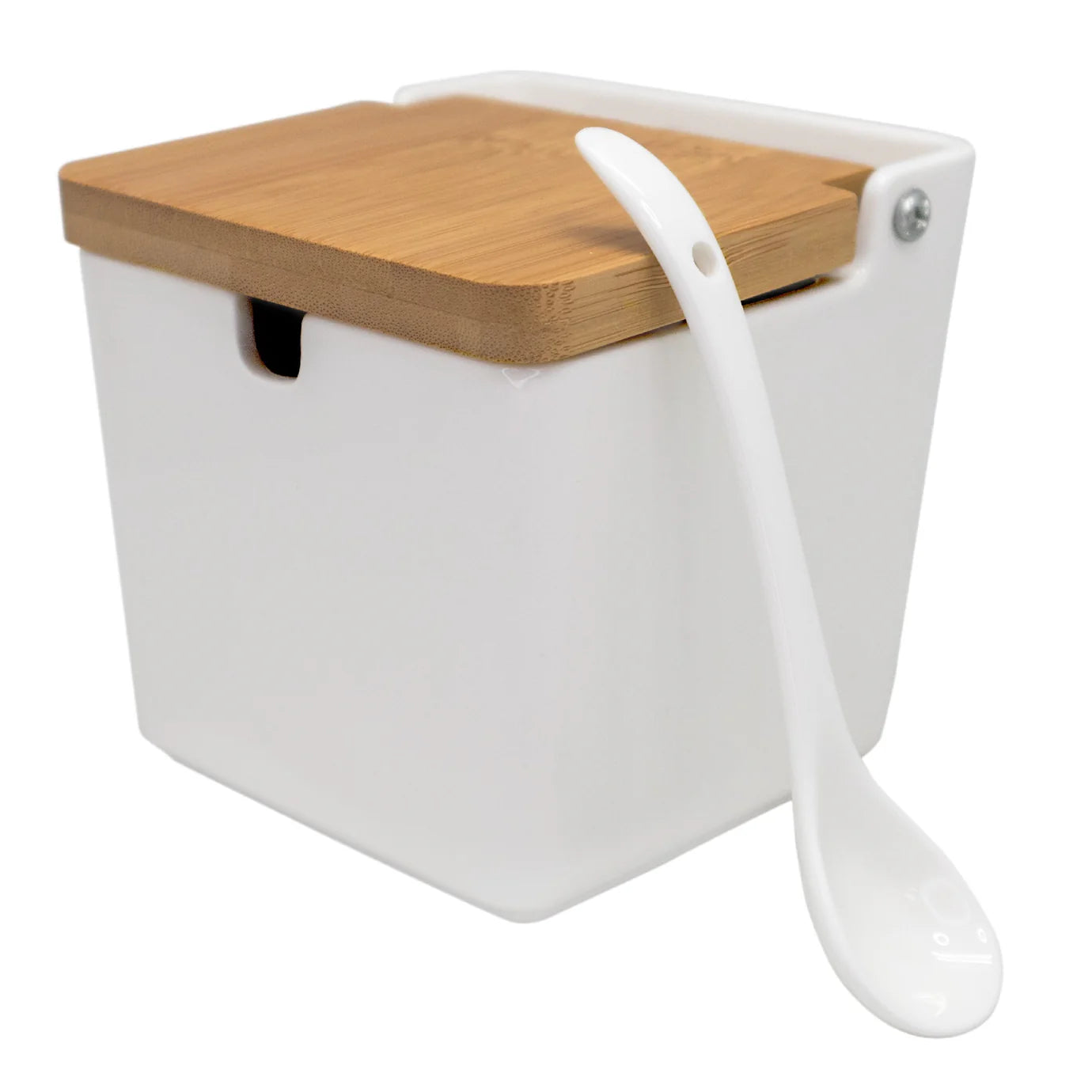 Salero Con Tapa + Cucharita (Blanco) De Porcelana