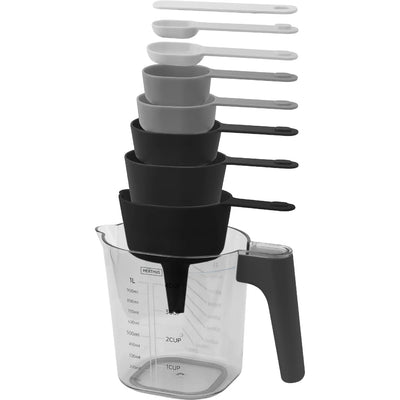 Set De Cucharas Medidoras + Embudo + Jarra Medidora De Vidrio