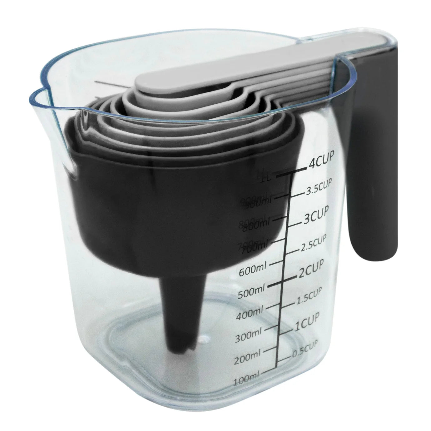 Set De Cucharas Medidoras + Embudo + Jarra Medidora De Vidrio