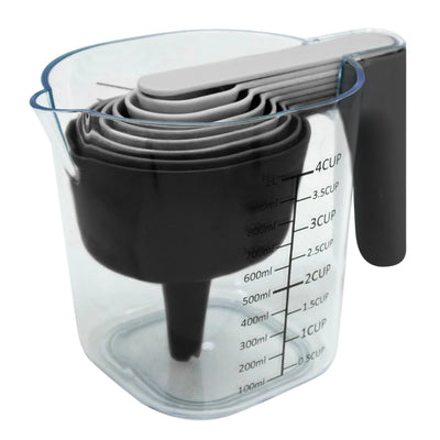 Set De Cucharas Medidoras + Embudo + Jarra Medidora De Vidrio