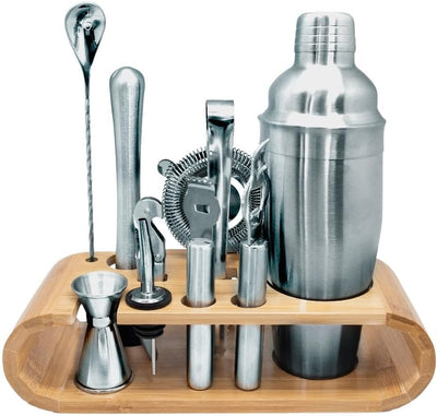 Set De Coctelera Para Bar Con Base De Bambú Y 11 Pzas De Acero