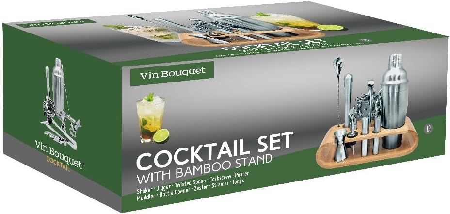 Set De Coctelera Para Bar Con Base De Bambú Y 11 Pzas De Acero
