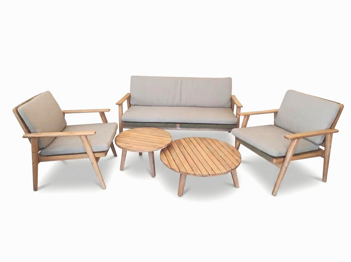 Juego De Terraza (Verde Oliva): Sofá + 2 Sillones + 2 Mesas Auxiliares Estructura Acacia De Madera