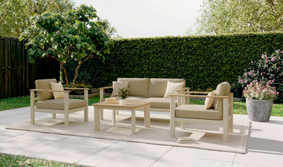 Juego De Terraza : Sofá 2Cps + 2 Sillones Tapiz (Topo)+ Mesa De Centro (Acacia) Con Top De Madera