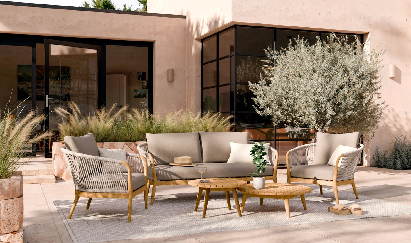 Juego De Terraza (Marron Claro): Sofá 2 Cps + 2 Sillones (Acacia) + 2 Mesas De Centro Redondas De Madera