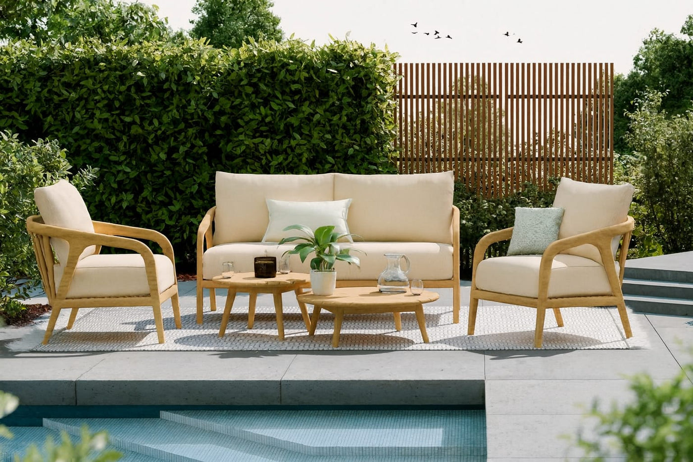 Juego Terraza (Beige Claro) Madera Acacia+ Sofá 2Cps + 2 Sillones + Set 2 Mesas De Centro