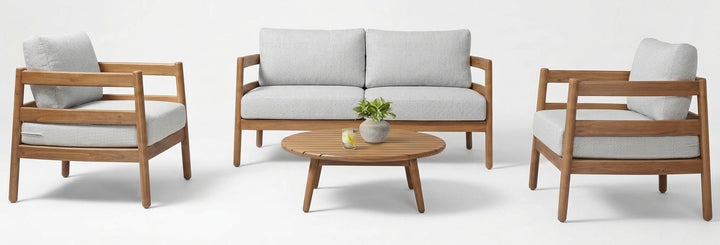 Juego De Terraza Tapizado (Gris Claro): Sofá + 2 Sillones + Mesa Auxiliar Estructura Acacia De Madera