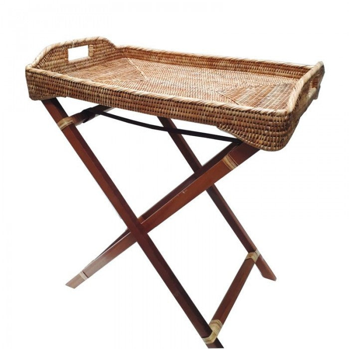 Mueble Auxiliar Con Bandeja De Rattán Y Base De Madera