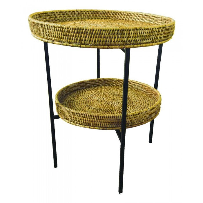 Mesa Lateral Con Dos Bandejas De Rattán (Natural) Estructura De Fierro