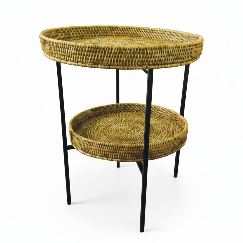 Mesa Lateral Con Dos Bandejas De Rattán (Natural) Estructura De Fierro