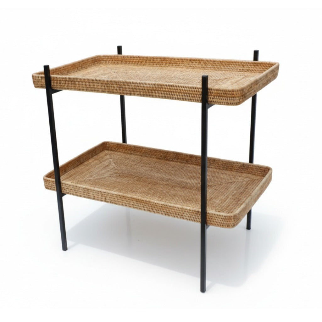 Mesa Auxiliar Dos Bandejas De Rattán Color (Caramelo) Estructura De Fierro