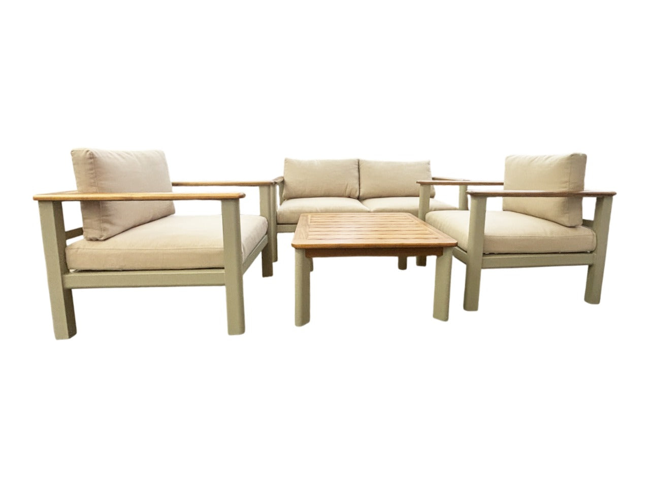 Juego De Terraza : Sofá 2Cps + 2 Sillones Tapiz (Topo)+ Mesa De Centro (Acacia) Con Top De Madera