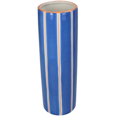 Florero (Azúl Y Lineas Naranja) Decorativo Alto De Cerámica