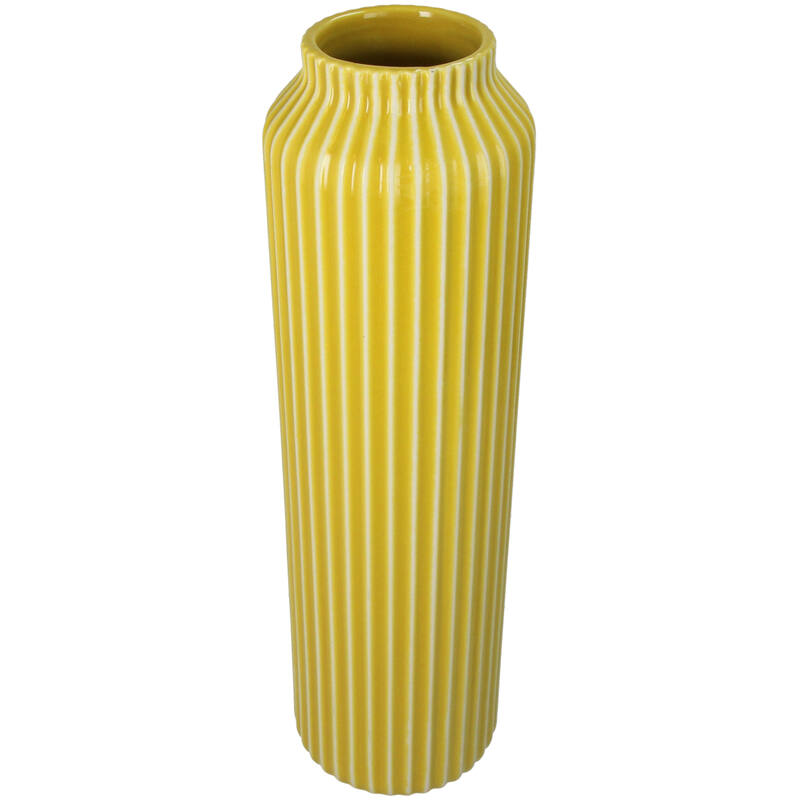 Florero (Amarillo Y Lineas Blancas) Decorativo Alto De Cerámica
