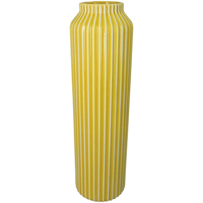 Florero (Amarillo Y Lineas Blancas) Decorativo Alto De Cerámica
