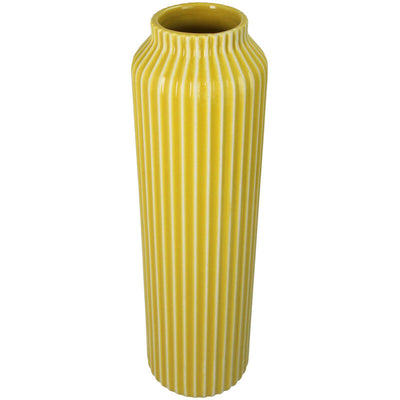 Florero (Amarillo Y Lineas Blancas) Decorativo Alto De Cerámica