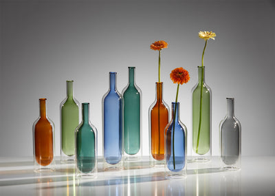 Florero (Celeste) Modelo Botella Doble Fondo 33 Cm De Vidrio