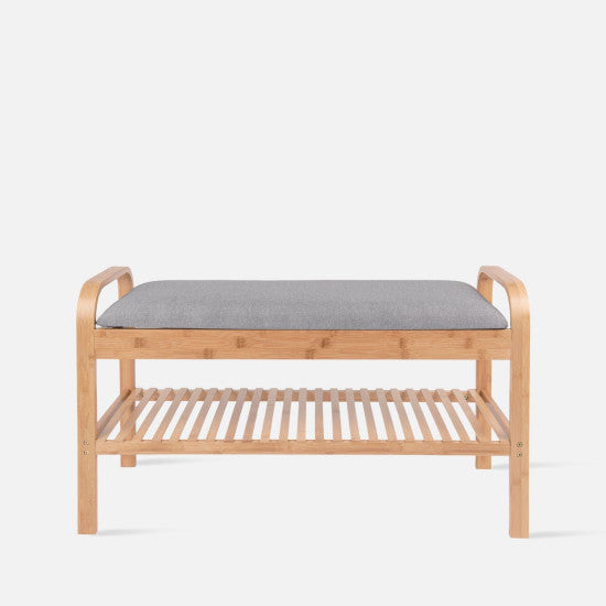 Banqueta Rectangular Tapizada (Gris) Bambú De Madera