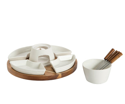 Base Madera Giratoria Con Set De Fondue (Blanco) De Porcelana