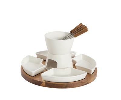 Base Madera Giratoria Con Set De Fondue (Blanco) De Porcelana