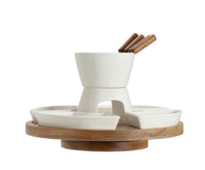 Base Madera Giratoria Con Set De Fondue (Blanco) De Porcelana