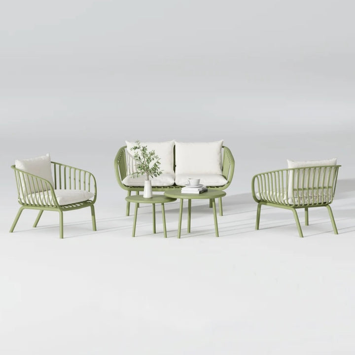 Juego De Terraza (Beige Y Verde): Sofá 2 Cps + 2 Sillones + Mesa De Centro Con Estructura De Metal