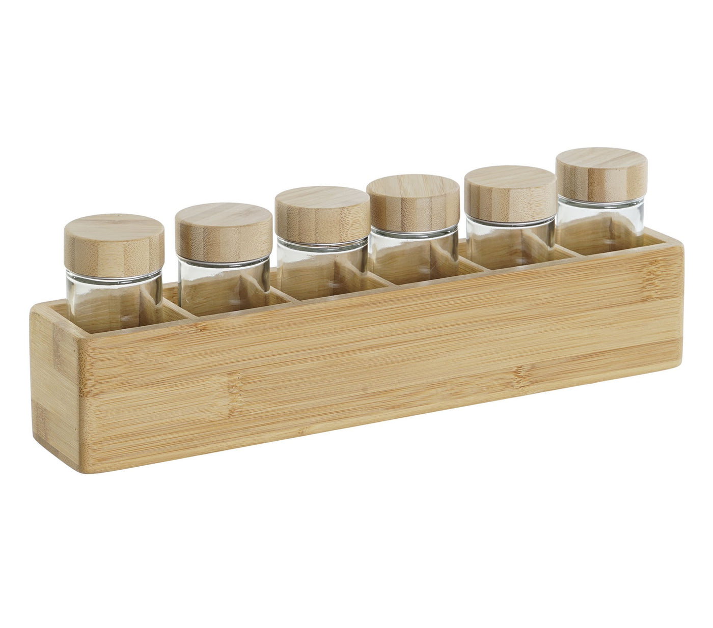 Set X 7 Pcs Para Especieros Frascos De Vidrio Y Base Organizadora De Bambú