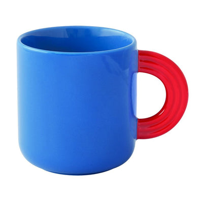 Taza (Azul) Con Asa Roja, 350Mltrs De Porcelana