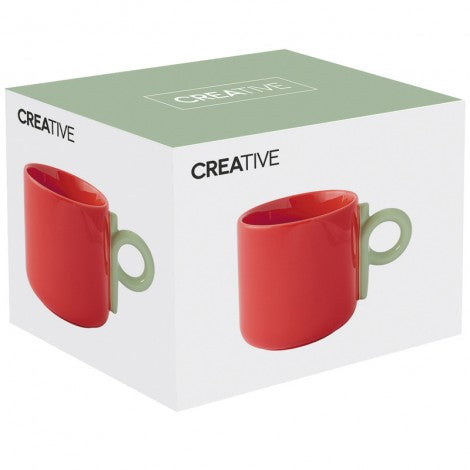 Taza (Rojo) Con Asa Verde, 350 Mltrs De Porcelana