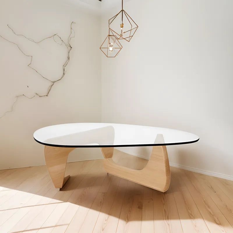Mesa De Centro Tablero De Vidrio Con Base (Natural) De Madera